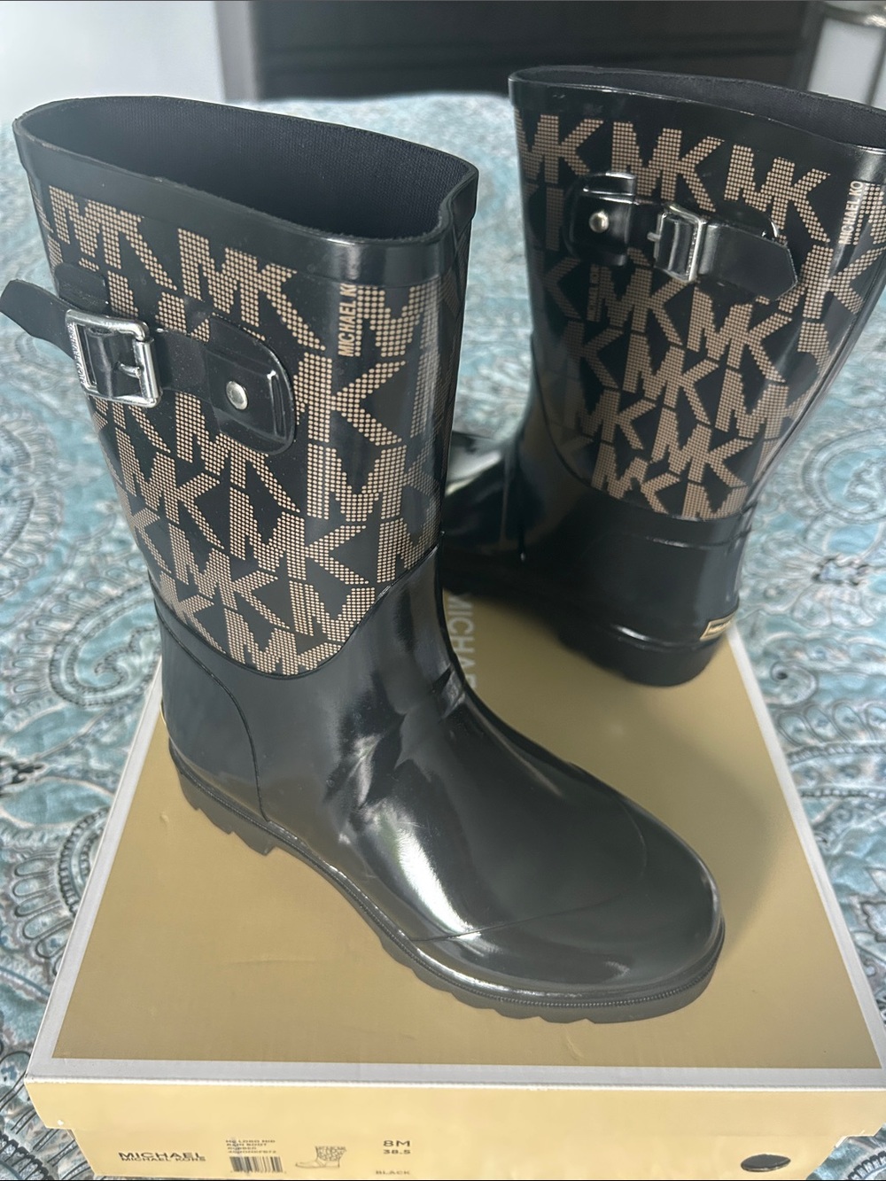 Michael Kors Black & Brown Logo Rain Boots